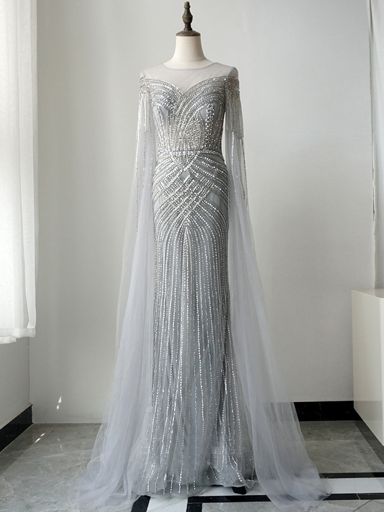 silver beaded maxi dress Grey Sequin Evening Gown with Beaded Corset Sparkly Maxi Dress with High Slit and Tulle Skirt Plus Size