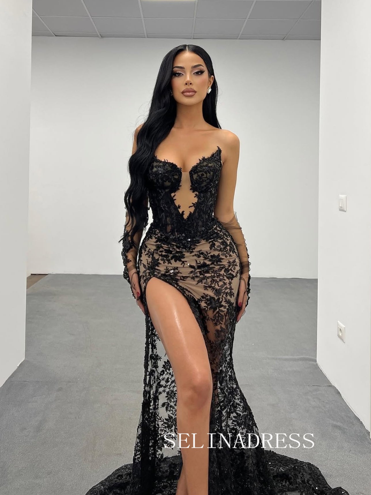 Mermaid Black Applique Lace Long Prom Dress WIth High Split Evening Dress SQO001|Selinadress