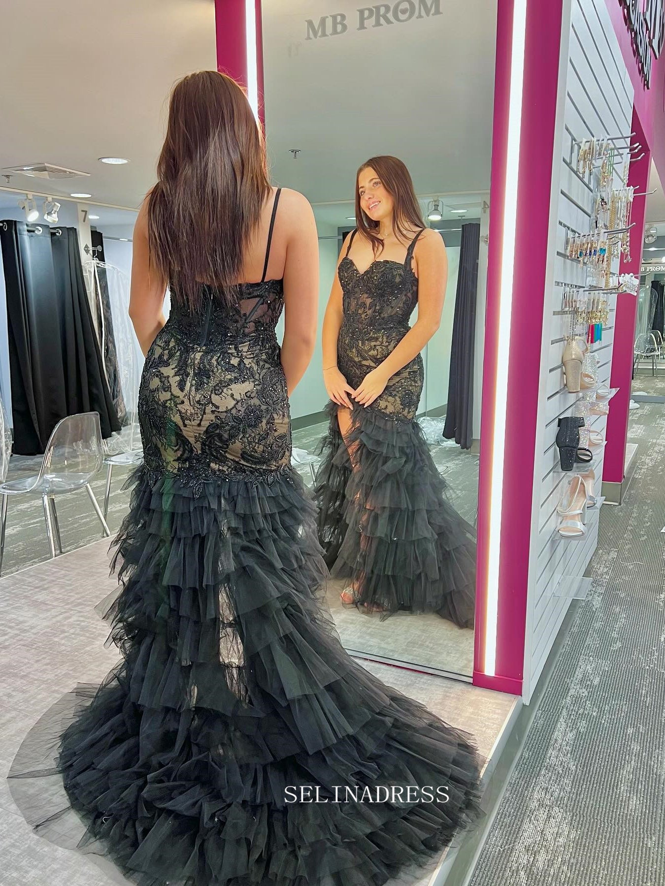 Mermaid Black Lace Ruffles Long Prom Dress Evening Dress With Slit sew1057 Mermaid Black Lace Ruffles Long Prom Dress Evening Dress With Slit sew1057