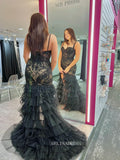 Mermaid Black Lace Ruffles Long Prom Dress Evening Dress With Slit sew1057|Selinadress