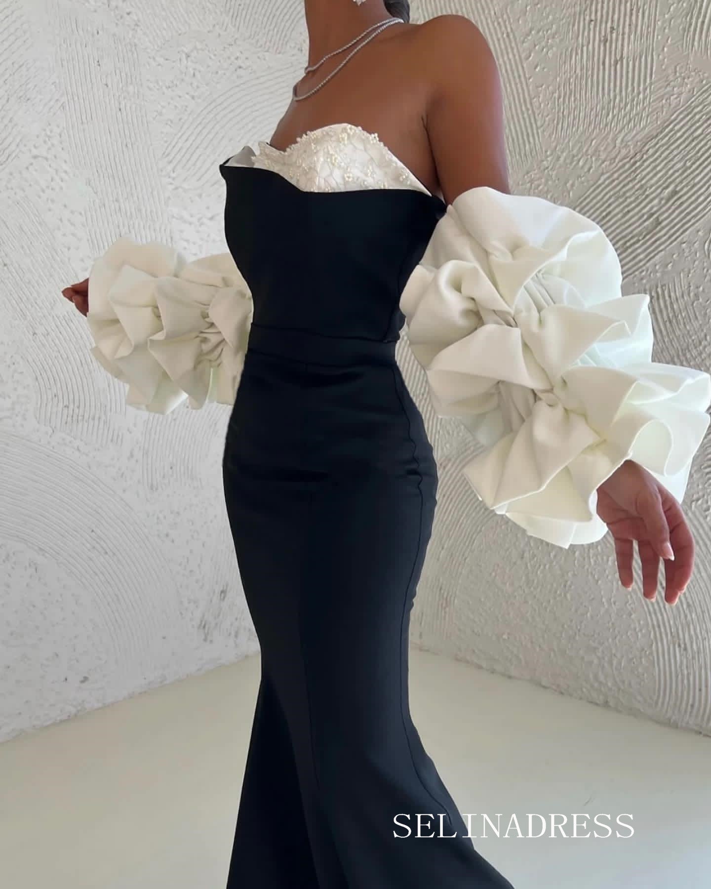 Mermaid Black White Satin Long Prom Dress Evening Dress lpk917 SELINADRESS Mermaid Black White Satin Long Prom Dress Evening Dress lpk917 SELINADRESS