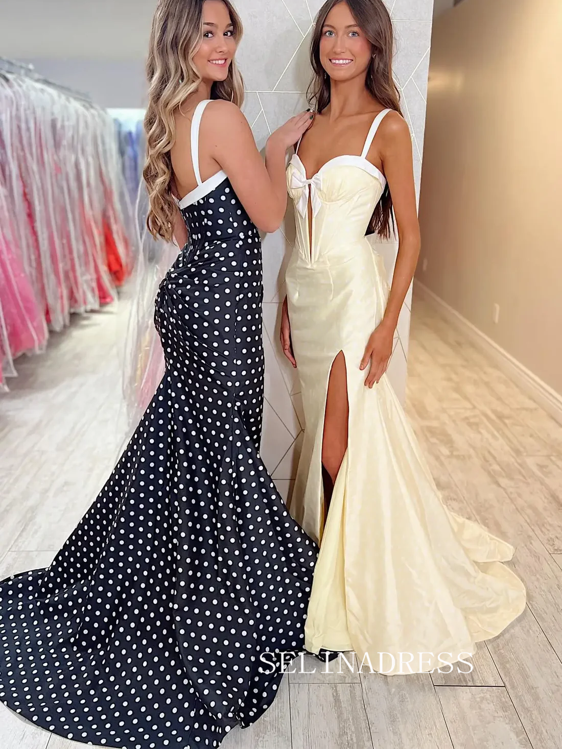 Mermaid Corset Prom Dress with Bow Detail & Slit – Pale Yellow or Polka Dot SEA209|Selinadress