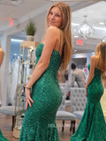 Mermaid Green Sequins Long Prom Dress Evening Gown sew1020|Selinadress