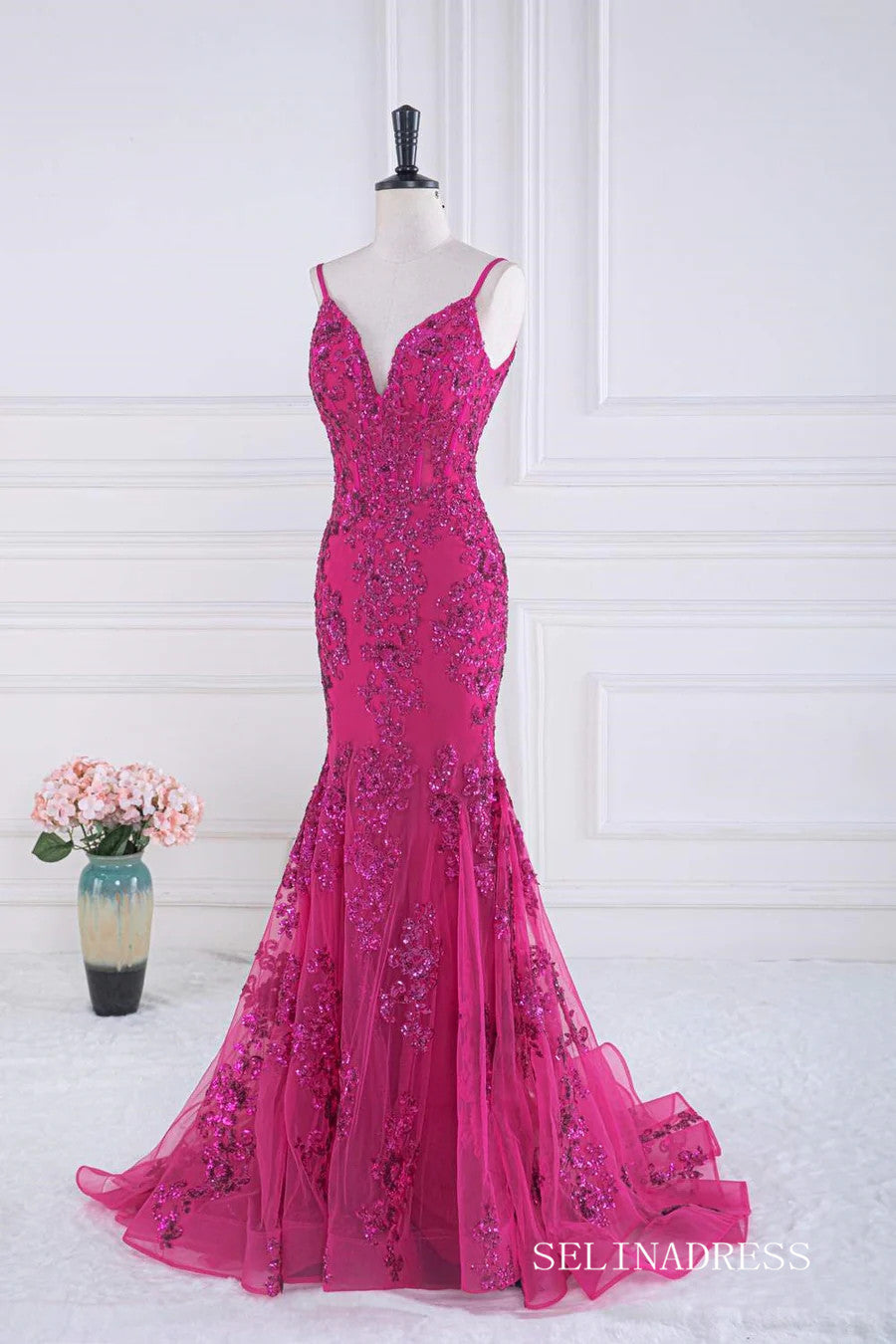 Mermaid Fuchsia V Neck Sequined Slip Long Prom Dress lps031 SELINADRESS Mermaid Fuchsia V Neck Sequined Slip Long Prom Dress lps031 SELINADRESS