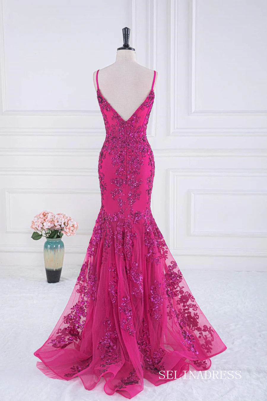 Mermaid Fuchsia V Neck Sequined Slip Long Prom Dress lps031 SELINADRESS Mermaid Fuchsia V Neck Sequined Slip Long Prom Dress lps031 SELINADRESS