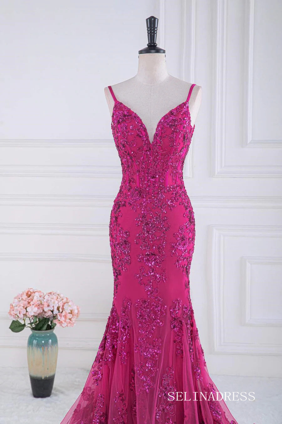 Mermaid Fuchsia V Neck Sequined Slip Long Prom Dress lps031 SELINADRESS Mermaid Fuchsia V Neck Sequined Slip Long Prom Dress lps031 SELINADRESS