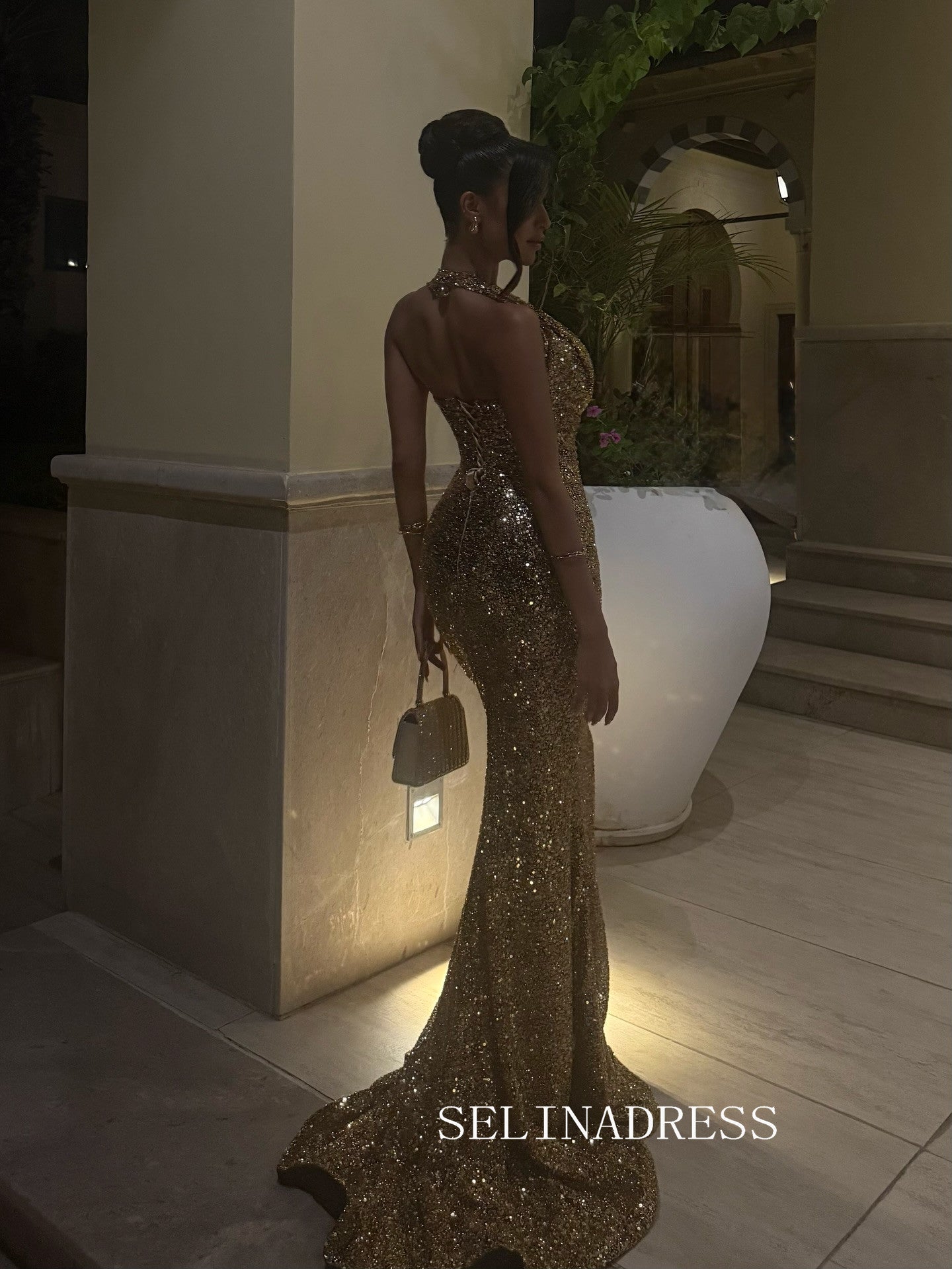 Mermaid Gold Sequin Halter Long Prom Dress Evening Gowns TKL9001|Selinadress