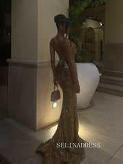 Mermaid Gold Sequin Halter Long Prom Dress Evening Gowns TKL9001|Selinadress