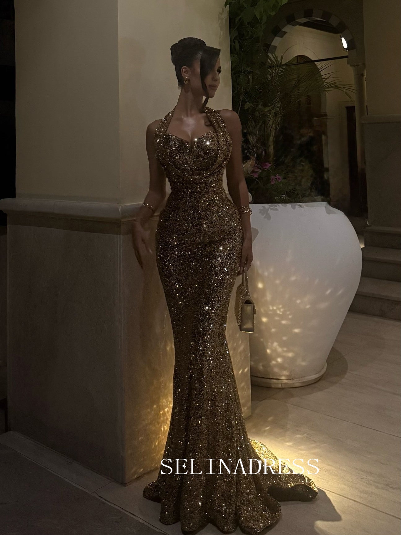 Mermaid Gold Sequin Halter Long Prom Dress Evening Gowns TKL9001|Selinadress
