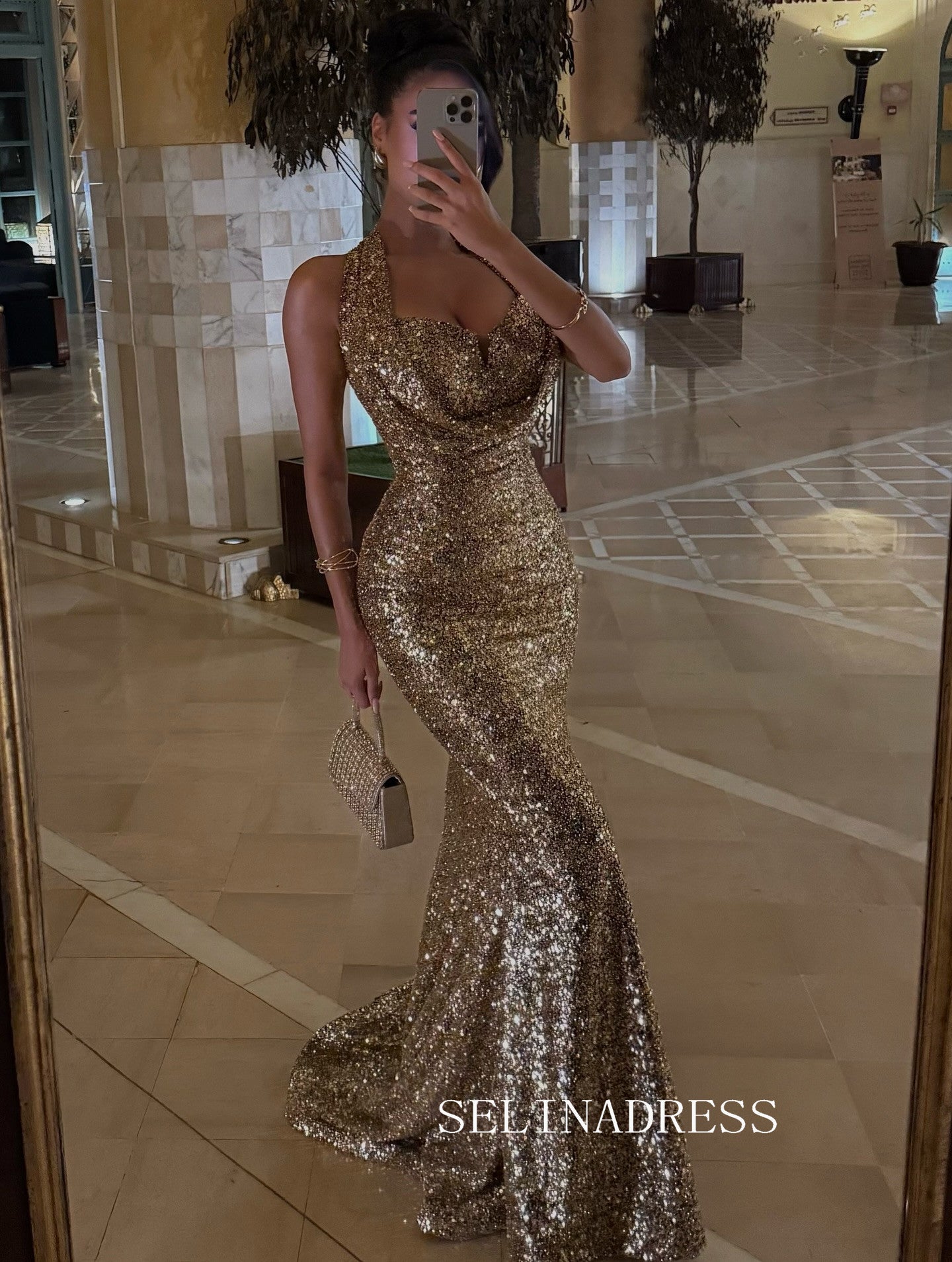 Mermaid Gold Sequin Halter Long Prom Dress Evening Gowns TKL9001|Selinadress