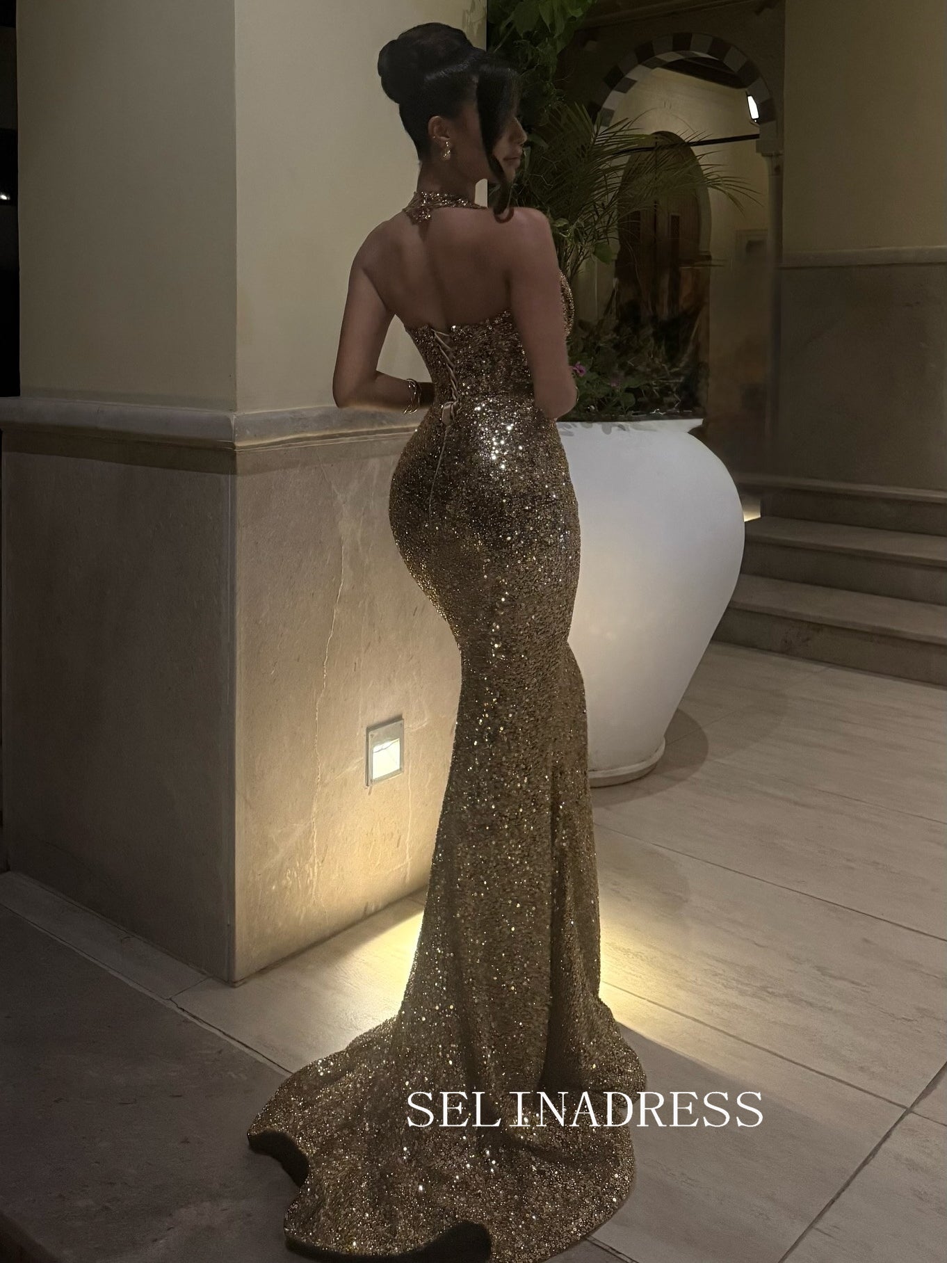 Mermaid Gold Sequin Halter Long Prom Dress Evening Gowns TKL9001|Selinadress