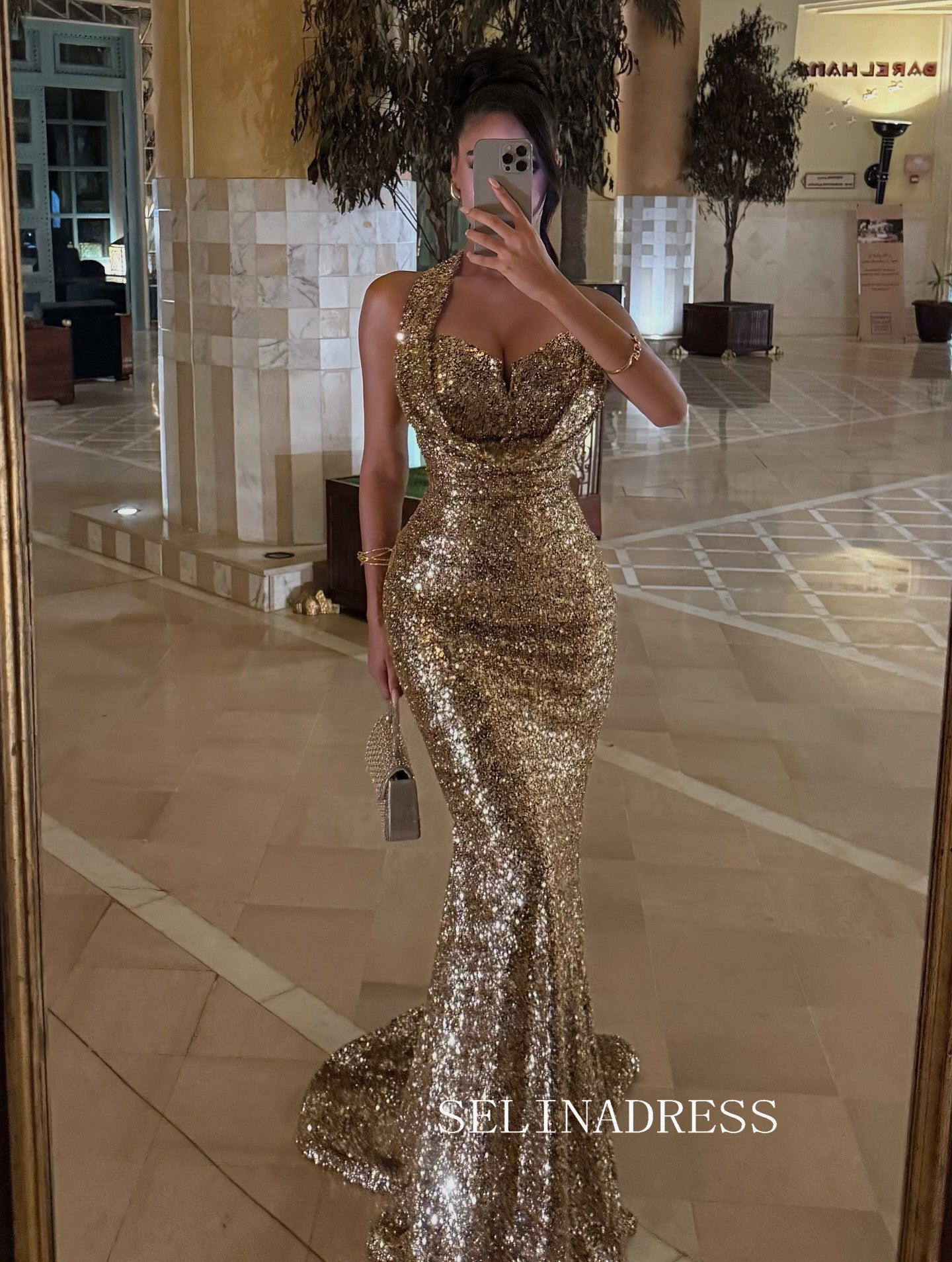 Mermaid Gold Sequin Halter Long Prom Dress Evening Gowns TKL9001|Selinadress
