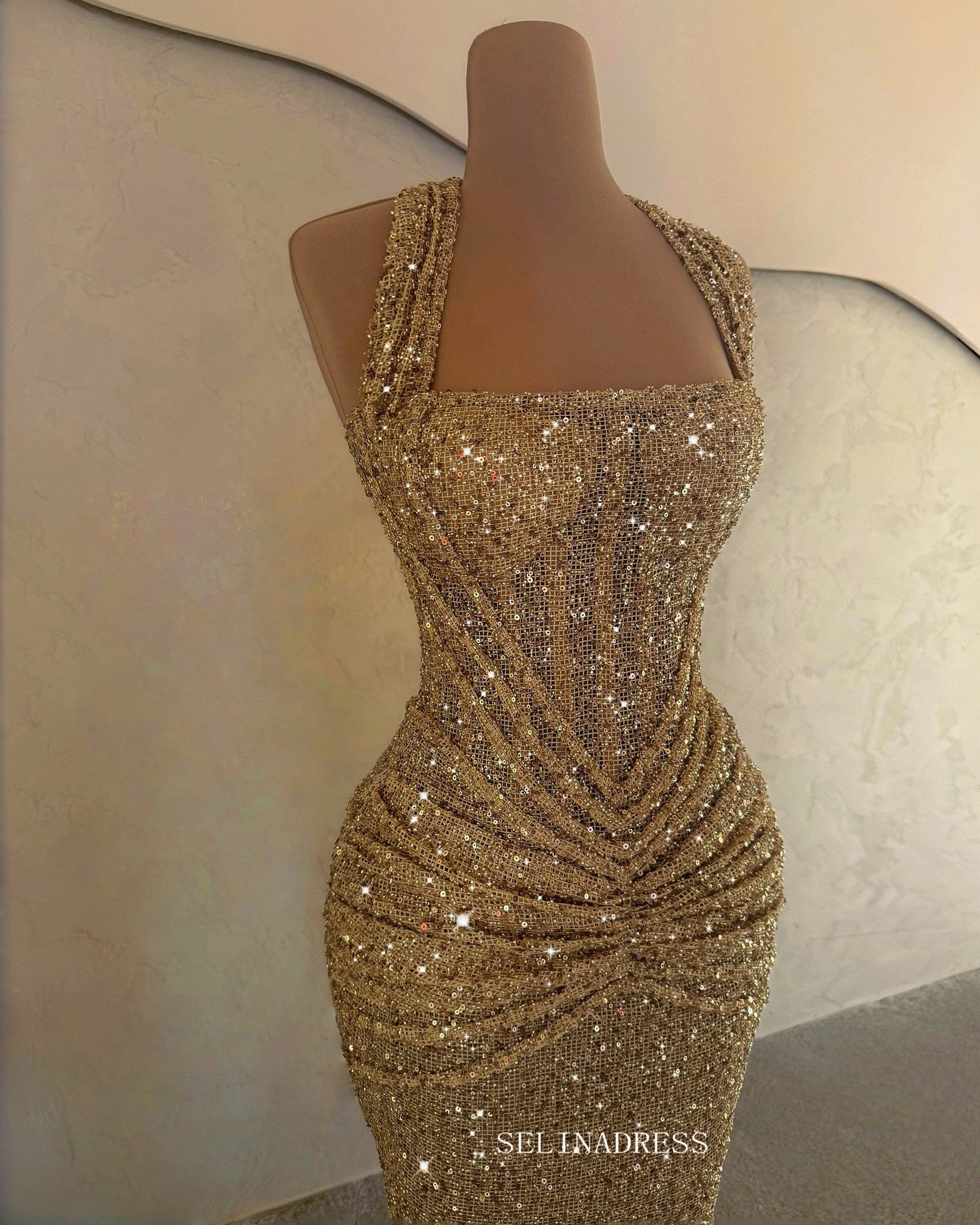 Mermaid Gold Sequin Long Prom Dress Evening Gowns TKL618|Selinadress
