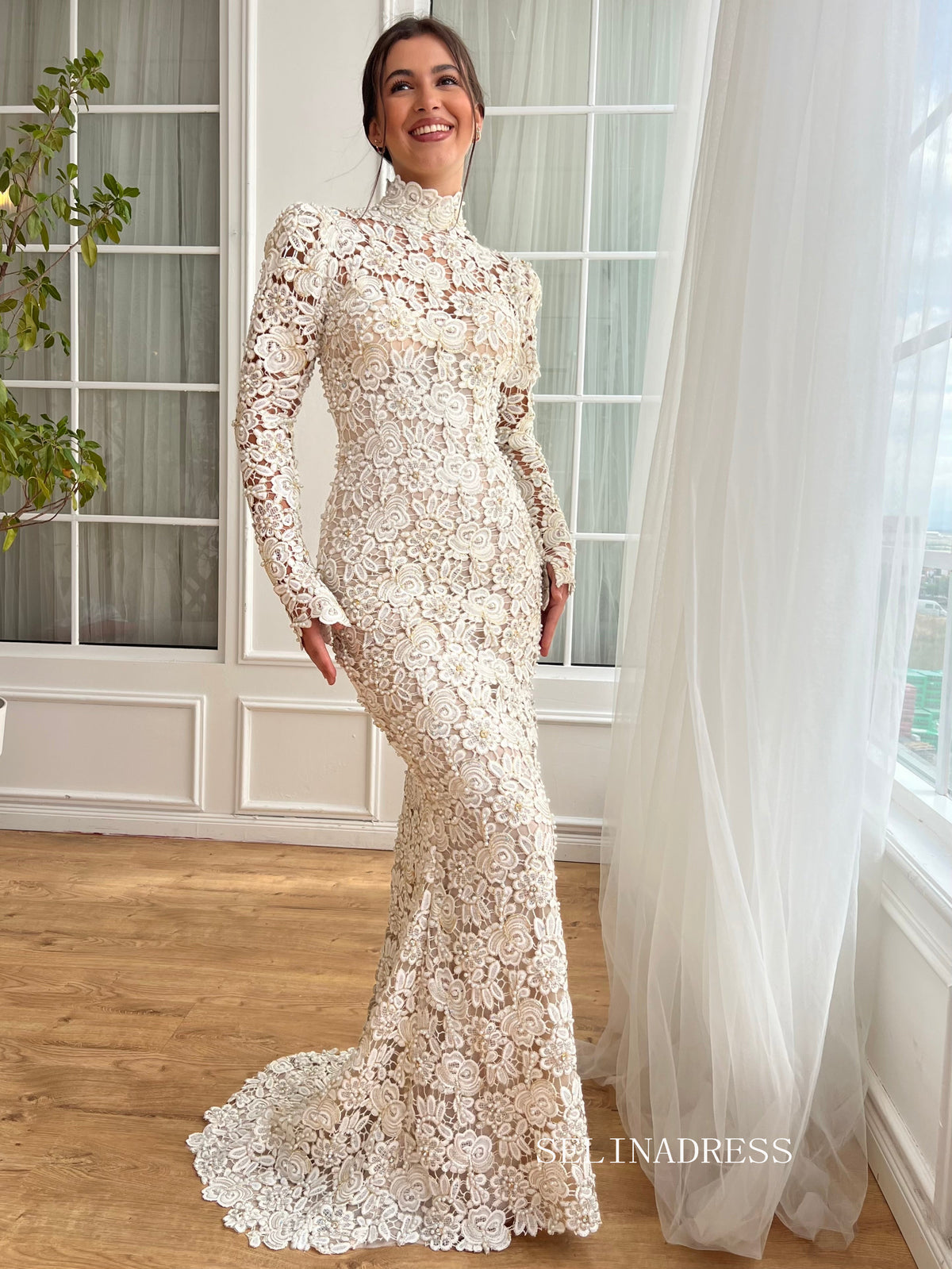 Mermaid High Neck Long Sleeve Wedding Dress Flower Lace Bridal Gowns J SELINADRESS Mermaid High Neck Long Sleeve Wedding Dress Flower Lace Bridal Gowns J SELINADRESS