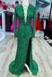 Mermaid Lace-Up Neck Long Sleeves Sequins Prom Dress with Slit Evening #POL118|Selinadress