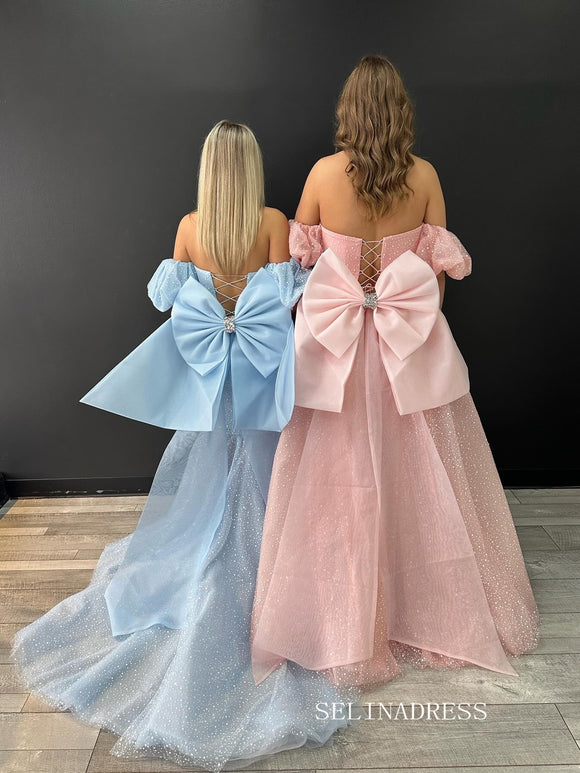 Mermaid Light Sky Blue Tulle Back Bow Long Prom Dress SEW1162|Selinadress