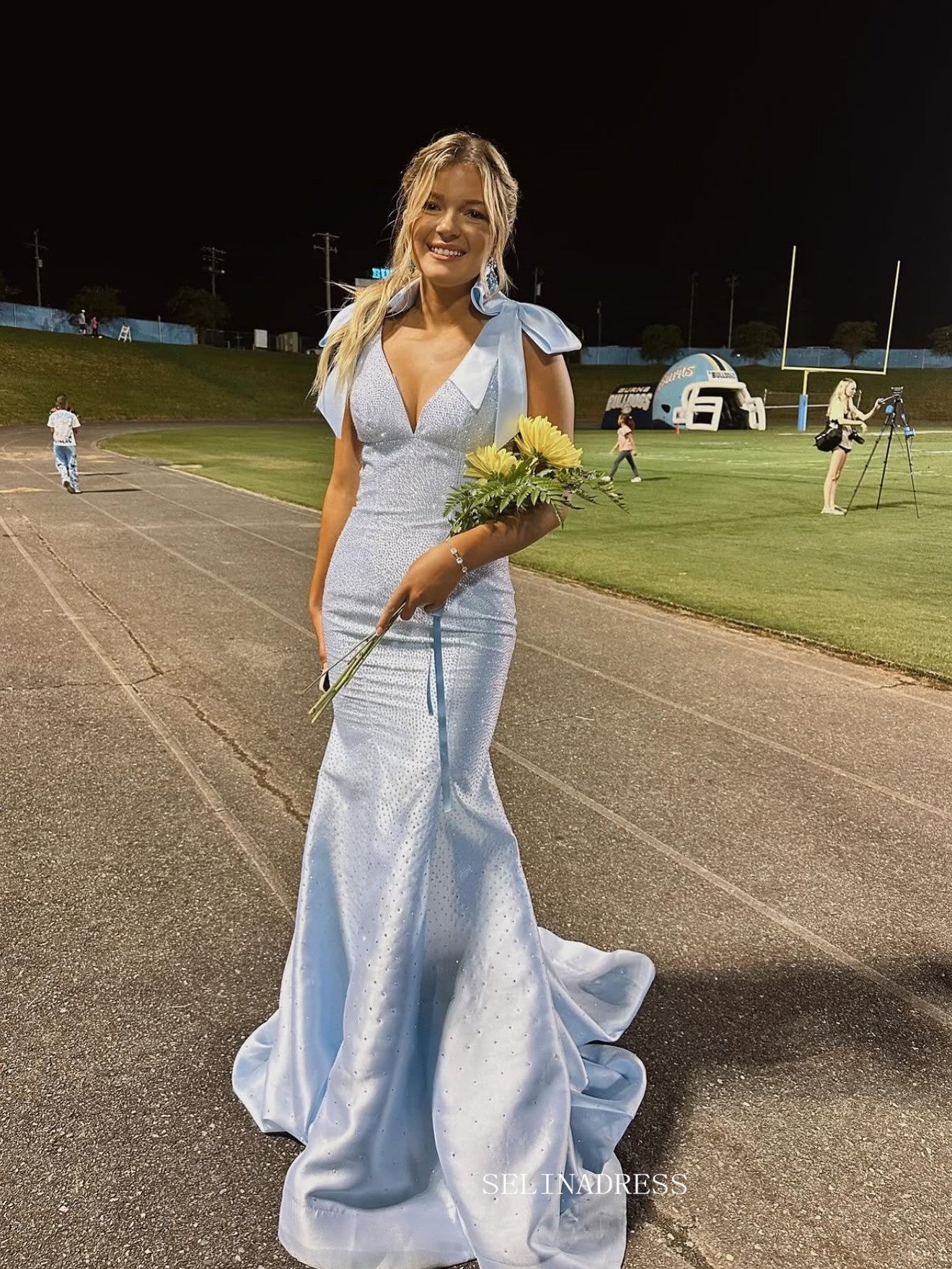 Mermaid Light Sky Blue V neck Long Prom Dress Evening Dress With Bow TKL622|Selinadress