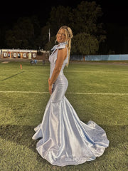 Mermaid Light Sky Blue V neck Long Prom Dress Evening Dress With Bow TKL622|Selinadress