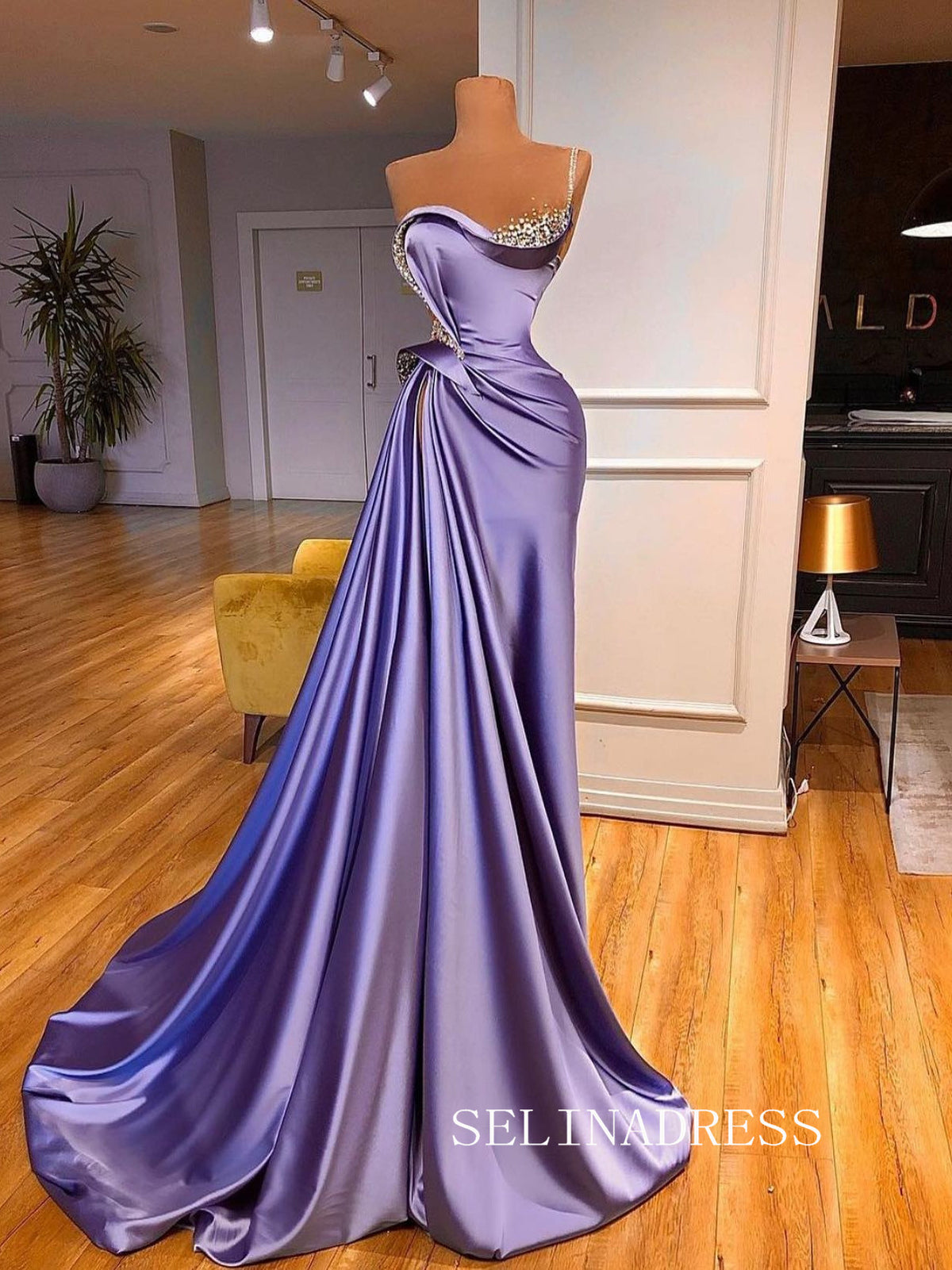 Mermaid Lilac Beaded Long Prom Dress One Shoulder Evening Dress SQO01|Selinadress