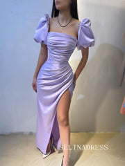 Mermaid Lilac Long Prom Dress Puff Sleeve Evening Dress With High Split SQO002|Selinadress