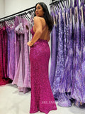 Mermaid Magenta V neck Spaghetti Straps Sequins Prom Dress Evening Gowns sew1081|Selinadress