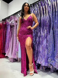 Mermaid Magenta V neck Spaghetti Straps Sequins Prom Dress Evening Gowns sew1081|Selinadress