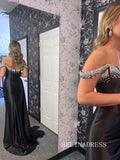 Mermaid Off-the-shoulder Black Long Prom Dress With Slit sew0602|Selinadress