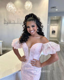 Mermaid Off-the-shoulder Elegant Pink Long Prom Dresses Lace Evening Gowns Formal Dresses TKS005|Selinadress