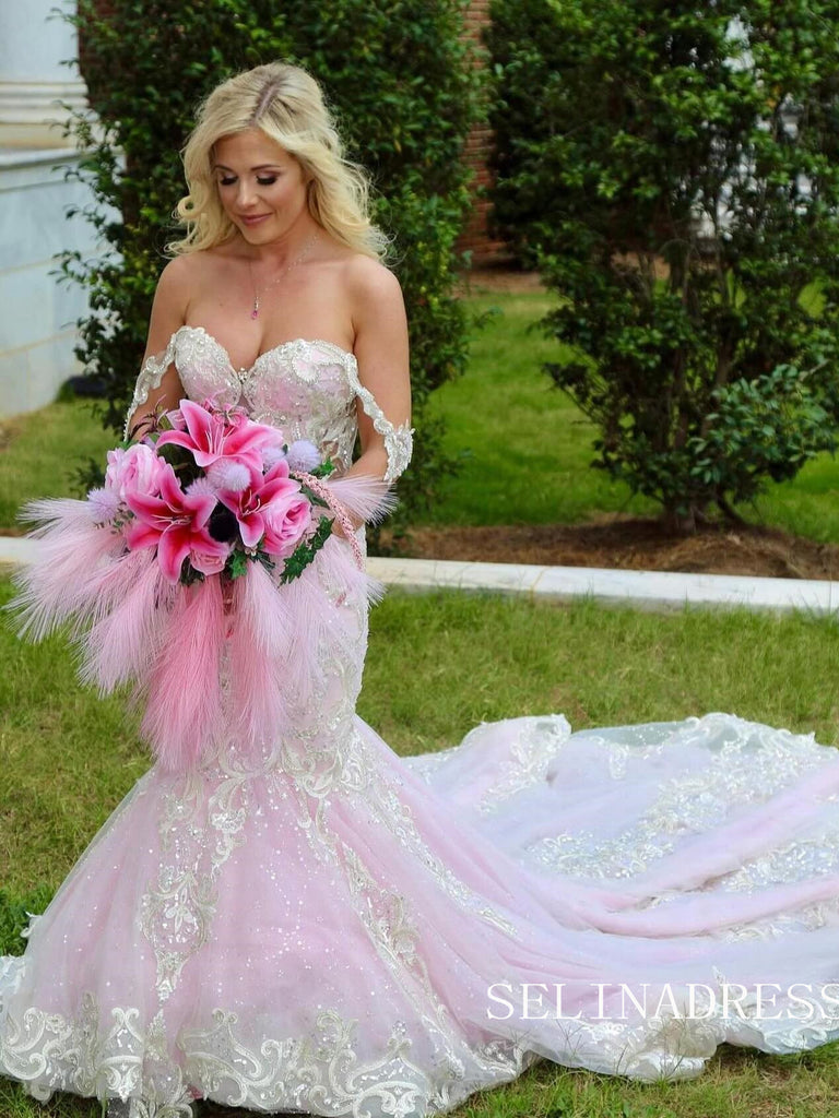 Mermaid Off-the-shoulder Pink Beaded Wedding Dress Bridal Gowns With B – SELINADRESS