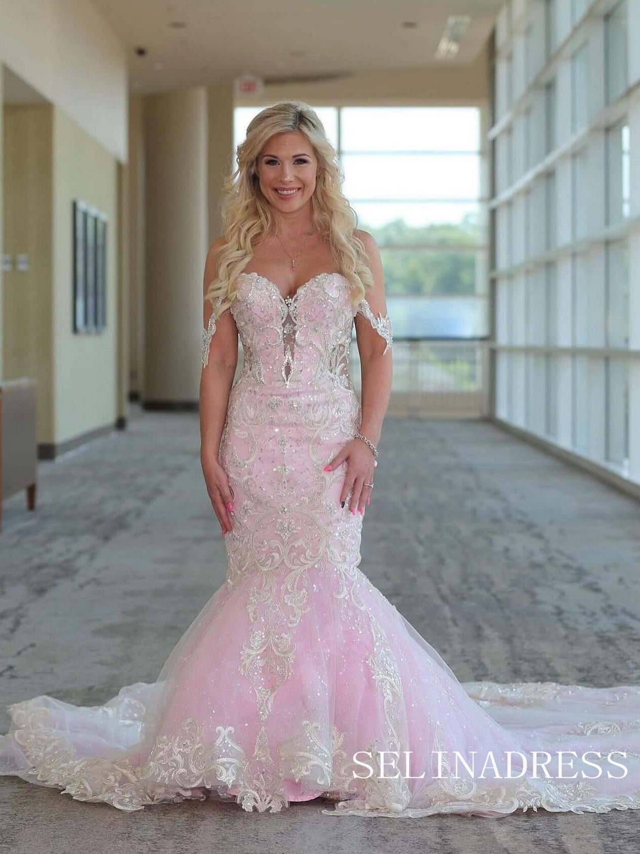 Mermaid Off-the-shoulder Pink Beaded Wedding Dress Bridal Gowns With Big Train TKL3044 Mermaid Off-the-shoulder Pink Beaded Wedding Dress Bridal Gowns With Big Train TKL3044