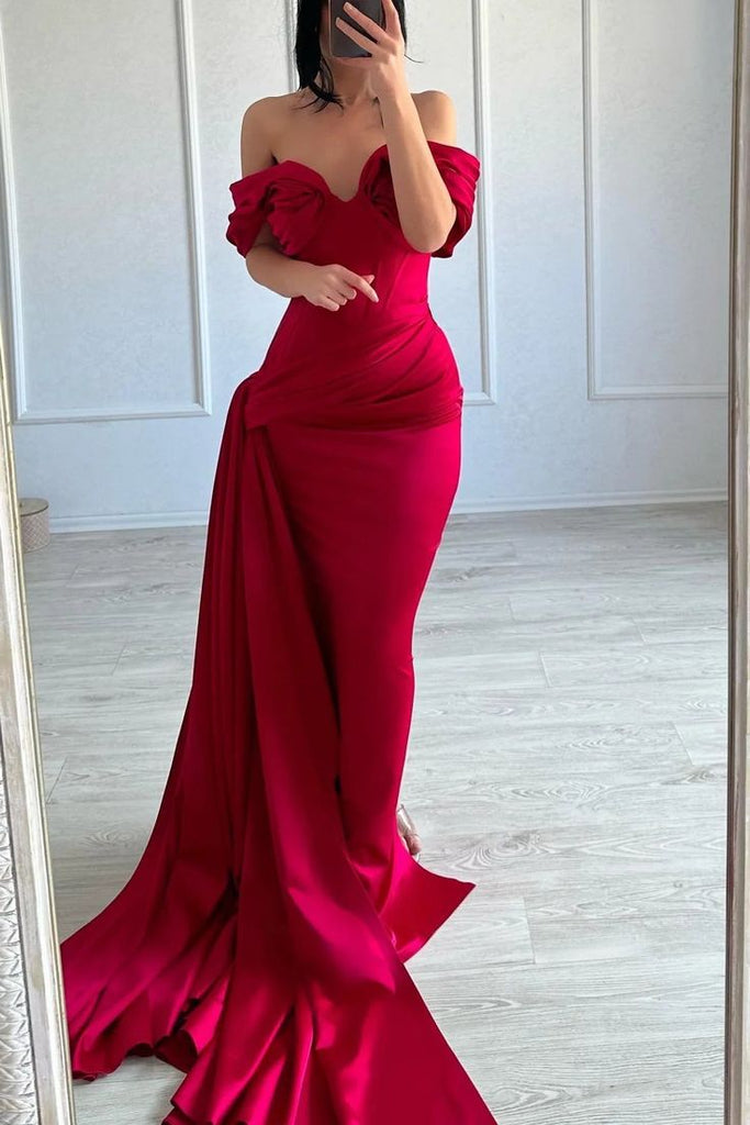affordable mermaid prom dresses Mermaid Off-the-shoulder Red Long Prom Dress Cheap Evening Dresses Wit –  SELINADRESS