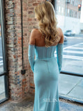 Mermaid Off-the-shoulder Sky Blue Long Sleeve Long Prom Dress sew0608|Selinadress