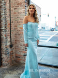 Mermaid Off-the-shoulder Sky Blue Long Sleeve Long Prom Dress sew0608|Selinadress
