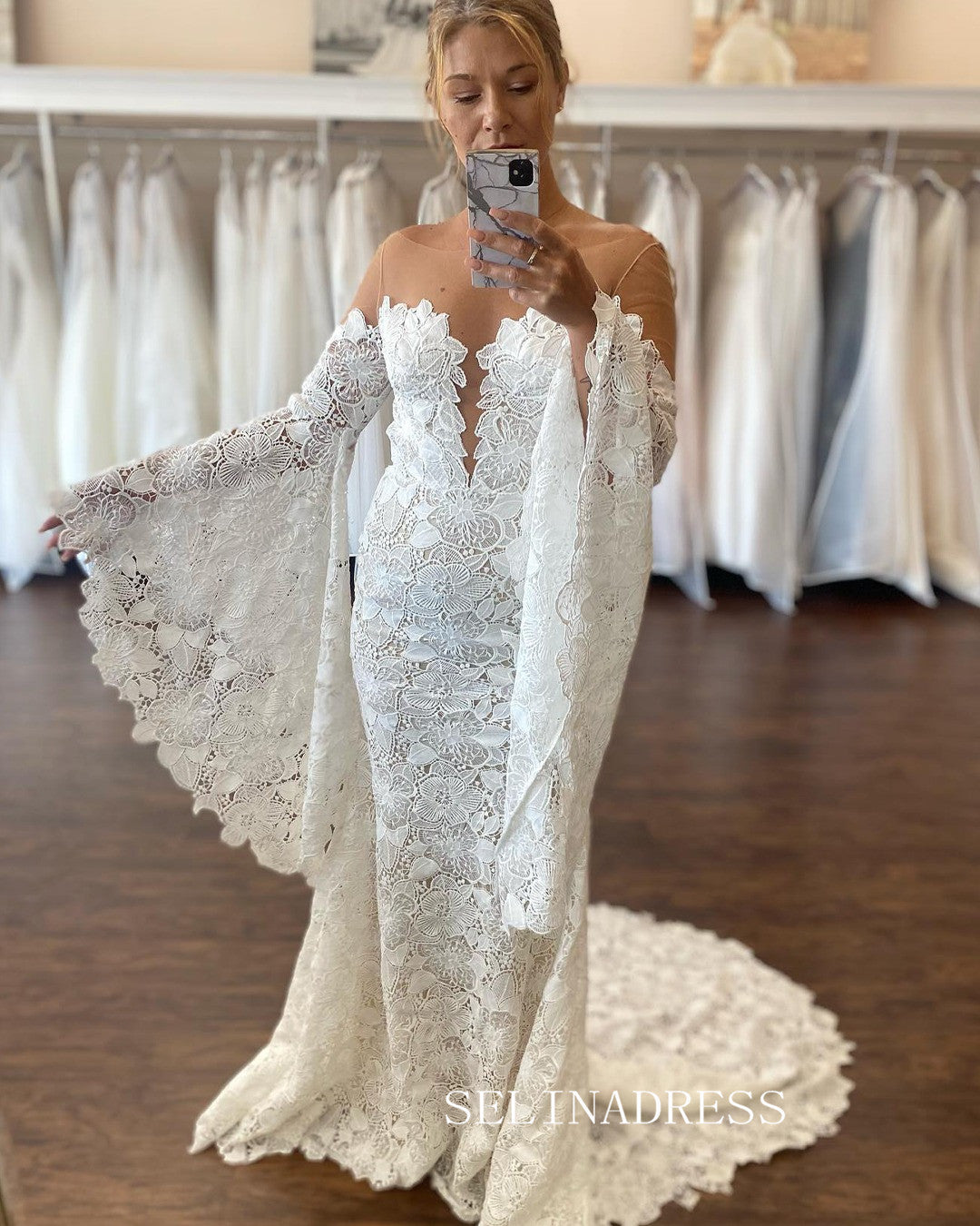 Timeless Mermaid Off The Shoulder Long Sleeves White Lace Wedding Dresses main image 1