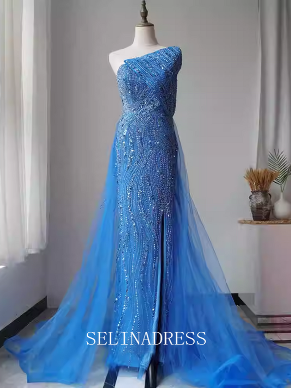 Mermaid One Shoulder Beaded Long Prom Dress Blue Dubai Evening Formal Gown EWR104|Selinadress