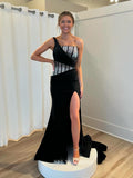 Mermaid One Shoulder Black Beaded Long Prom Dress Evening Dress sew1094|Selinadress