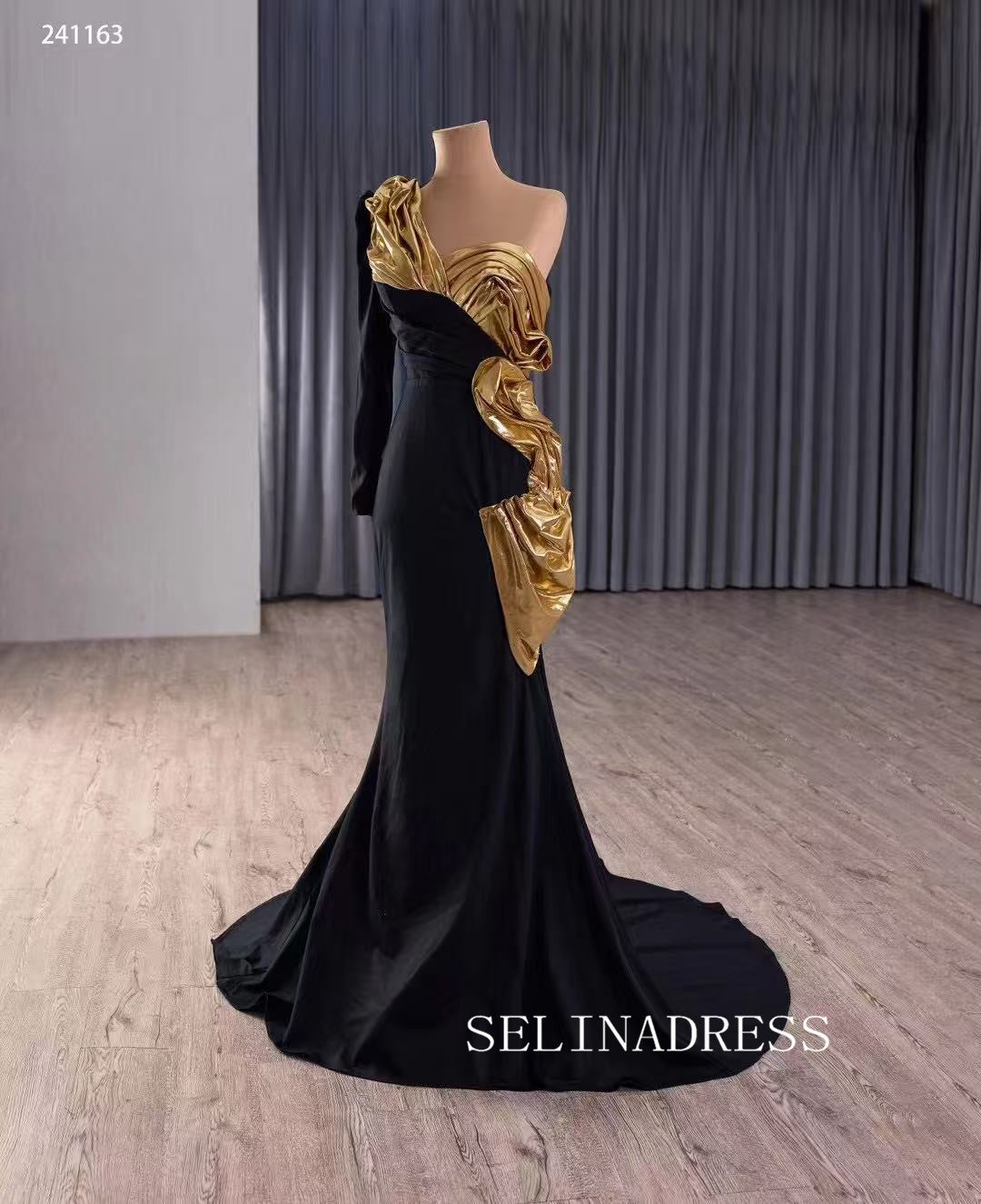 Mermaid One Shoulder Black Gold Long Prom Dress Evening Dress 241163 SELINADRESS Mermaid One Shoulder Black Gold Long Prom Dress Evening Dress 241163 SELINADRESS