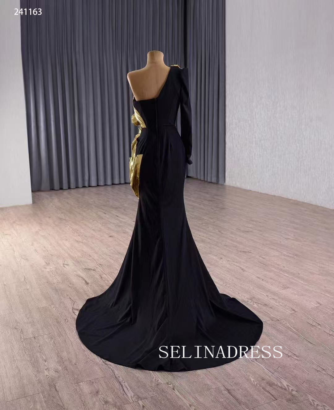 Mermaid One Shoulder Black Gold Long Prom Dress Evening Dress 241163 SELINADRESS Mermaid One Shoulder Black Gold Long Prom Dress Evening Dress 241163 SELINADRESS