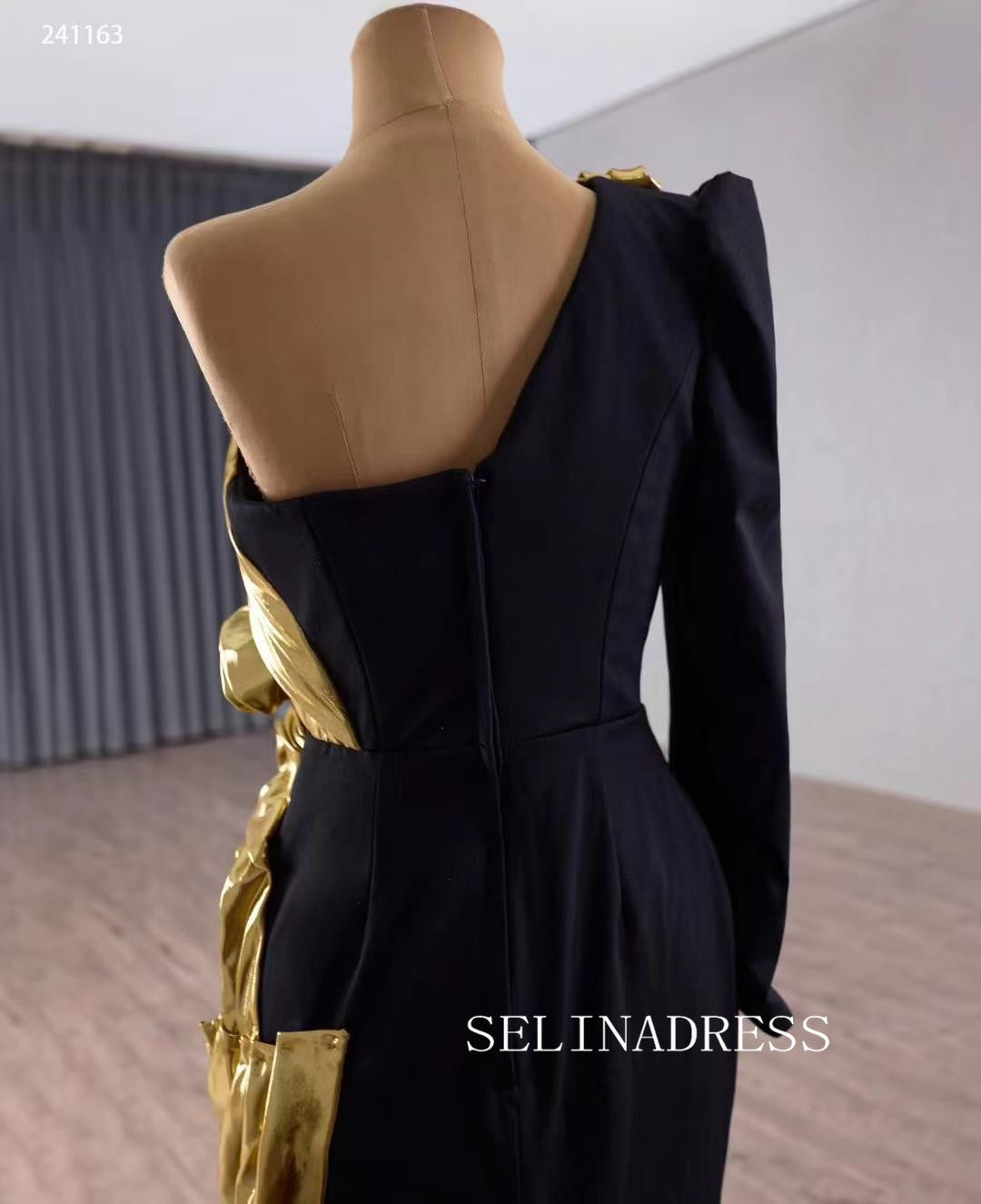 Mermaid One Shoulder Black Gold Long Prom Dress Evening Dress 241163 SELINADRESS Mermaid One Shoulder Black Gold Long Prom Dress Evening Dress 241163 SELINADRESS