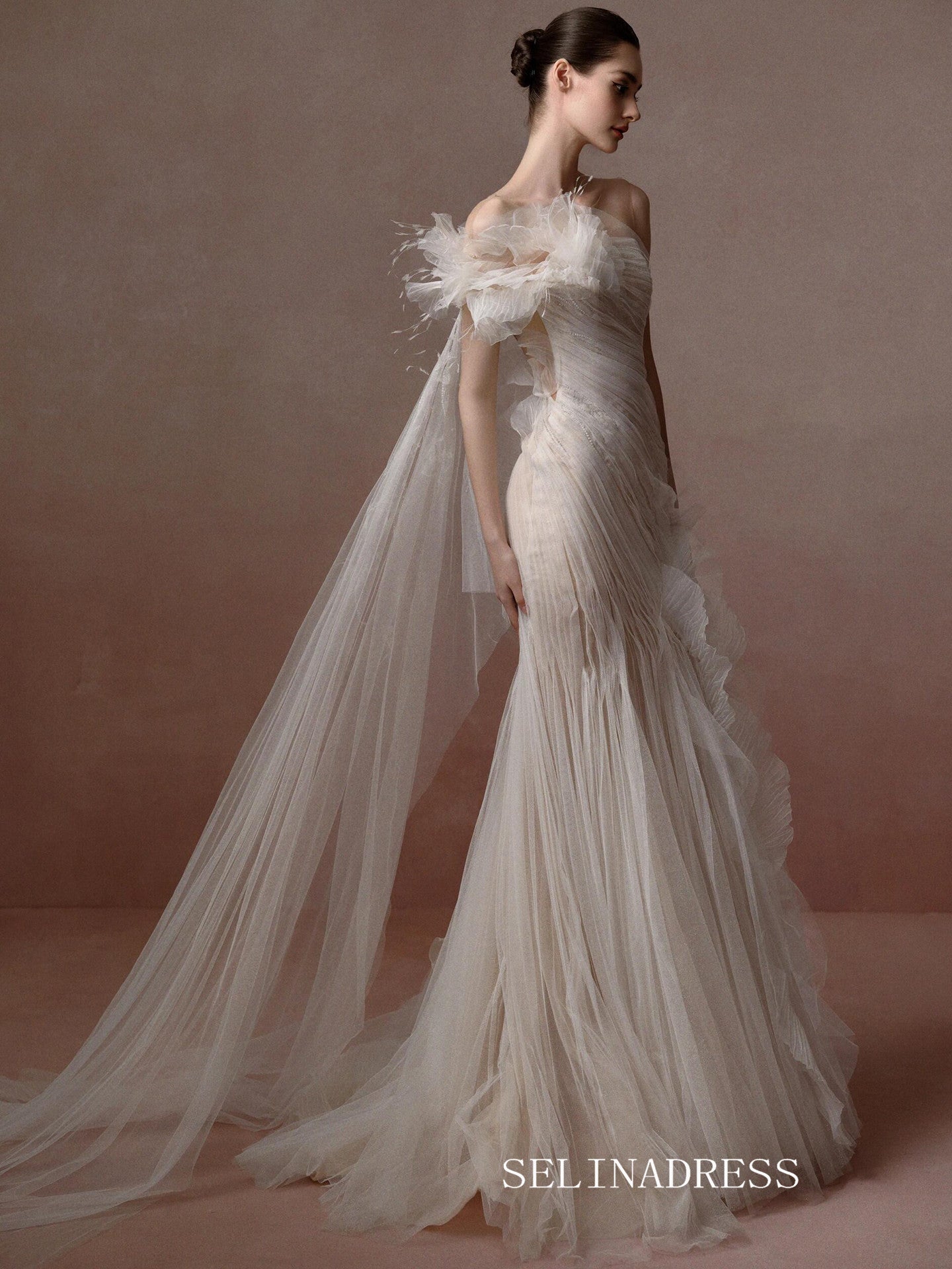 Mermaid One Shoulder Ivory Tulle Elegant Long Prom Dresses Evening Dresses YY002|Selinadress