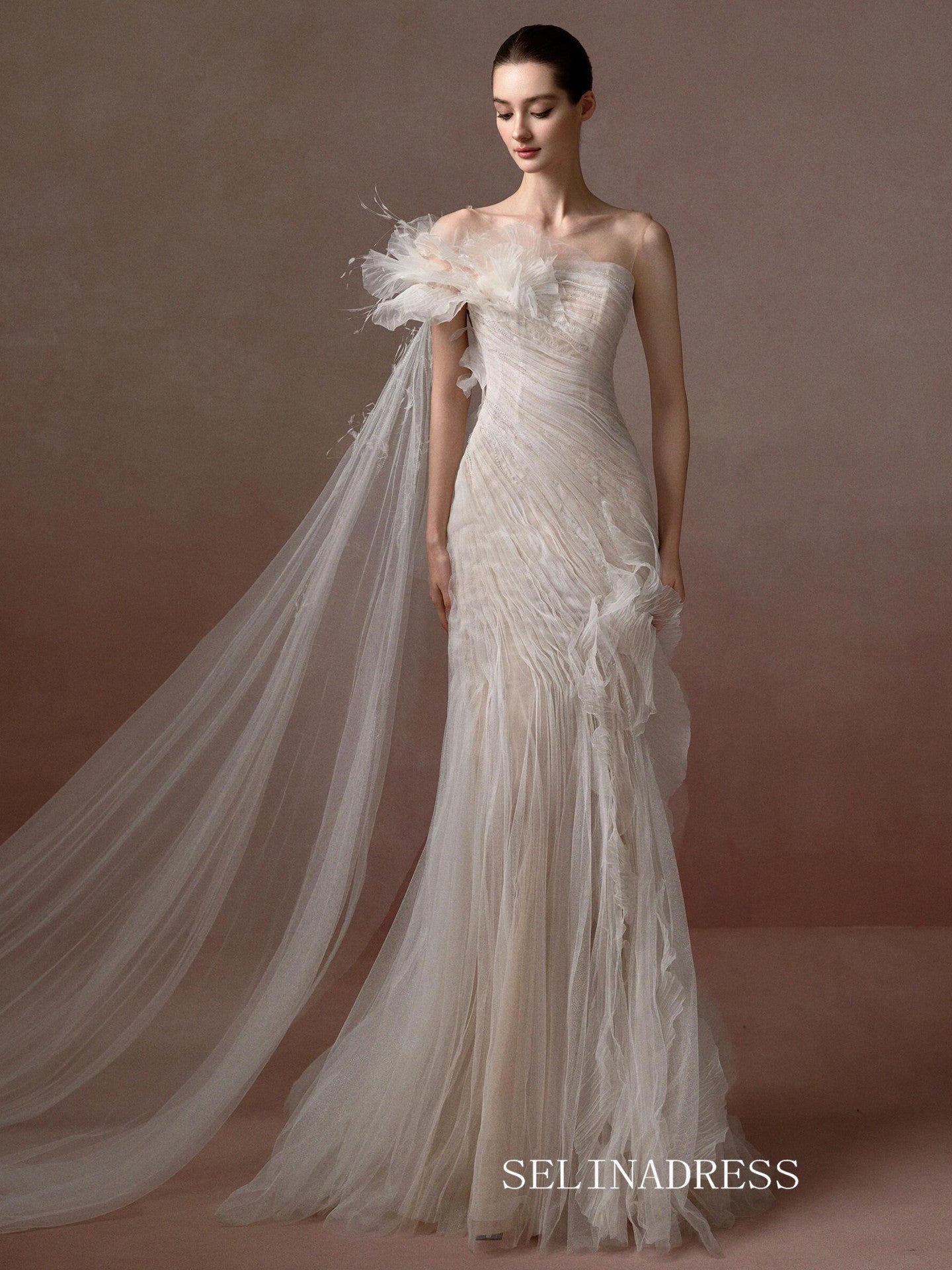 Mermaid One Shoulder Ivory Tulle Elegant Long Prom Dresses Evening Dresses YY002|Selinadress