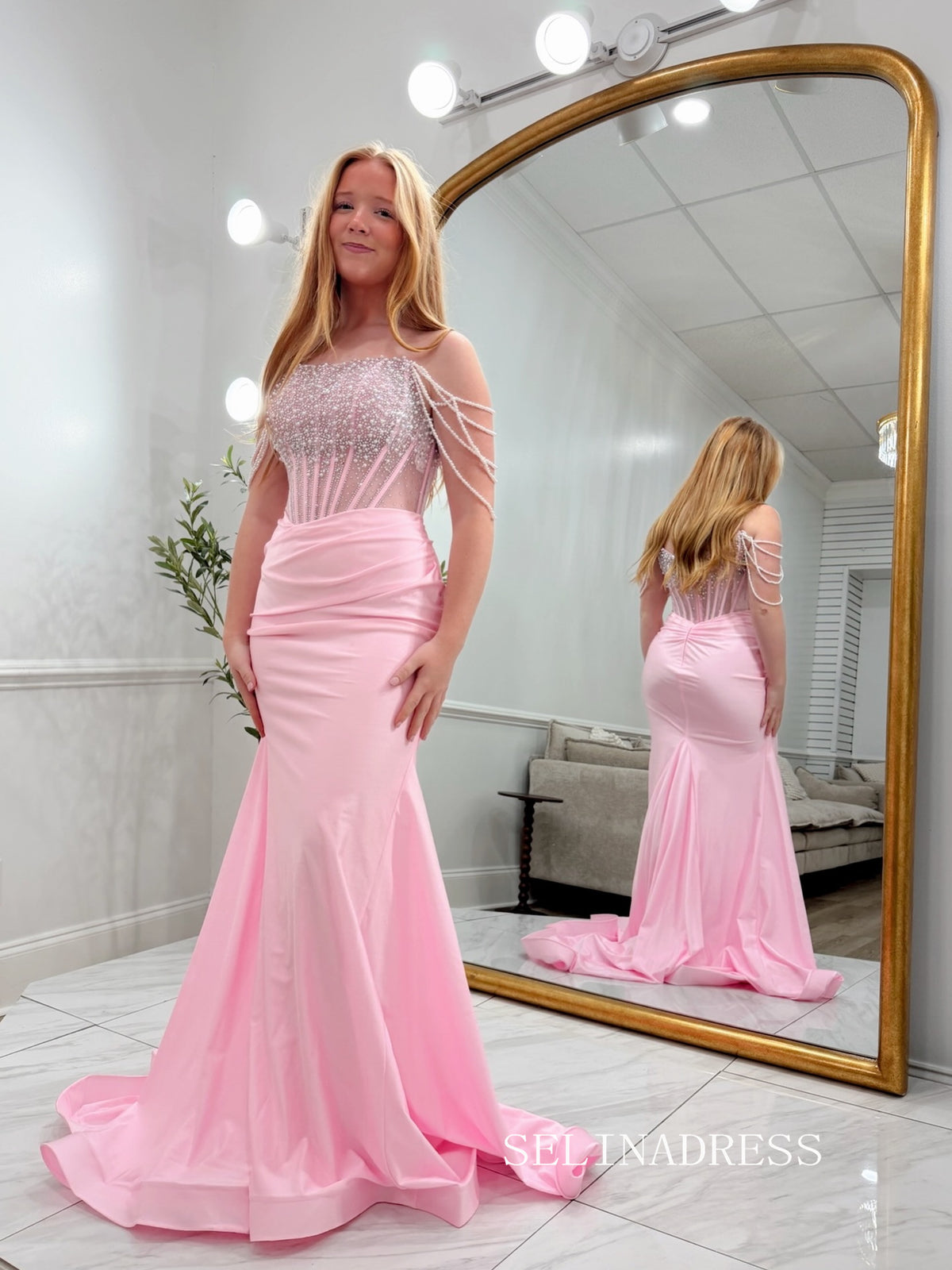 Mermaid Pink Pearl Shoulder Long Prom Dresses Elegant Evening Dresses SEA299|Selinadress