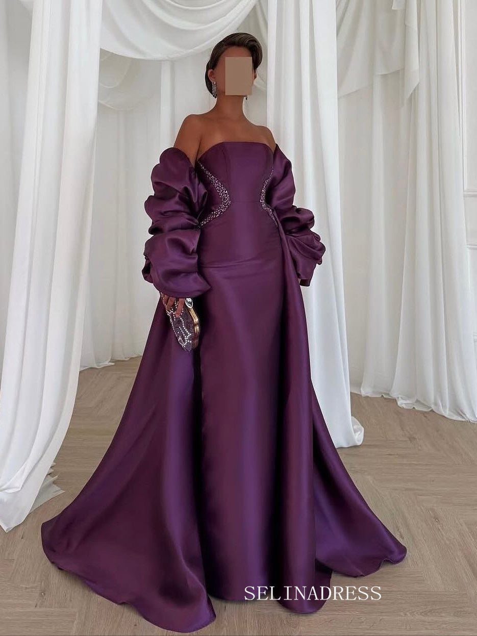 Mermaid  Purple Strapless Long Prom Dress Evening Dress With Sleeve TKL620|Selinadress