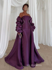 Mermaid  Purple Strapless Long Prom Dress Evening Dress With Sleeve TKL620|Selinadress
