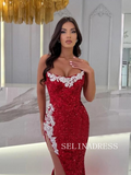 Mermaid Red Long Prom Dresses Strapless Shiny Sequins Thigh Split Evening Gowns TKH014|Selinadress