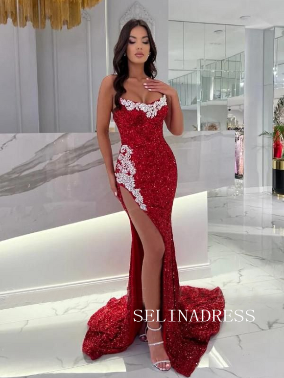 Mermaid Red Long Prom Dresses Strapless Shiny Sequins Thigh Split Evening Gowns TKH014|Selinadress