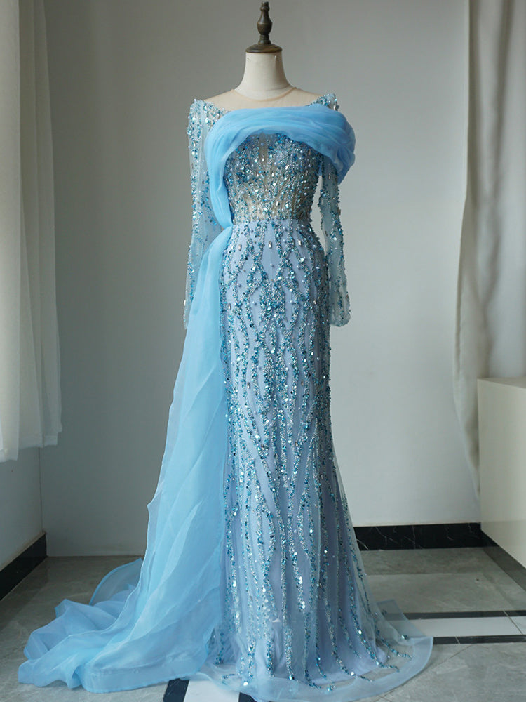 Mermaid Scoop Luxury Beaded Long Prom Dress Sky Blue Evening Gowns CRN006|Selinadress
