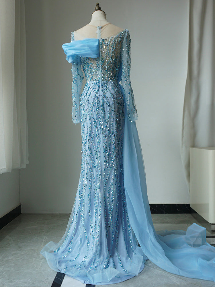 Mermaid Scoop Luxury Beaded Long Prom Dress Sky Blue Evening Gowns CRN006|Selinadress