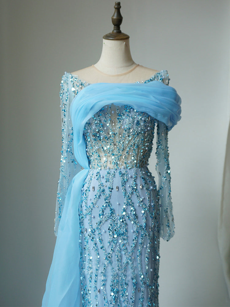 Mermaid Scoop Luxury Beaded Long Prom Dress Sky Blue Evening Gowns CRN006|Selinadress
