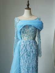 Mermaid Scoop Luxury Beaded Long Prom Dress Sky Blue Evening Gowns CRN006|Selinadress